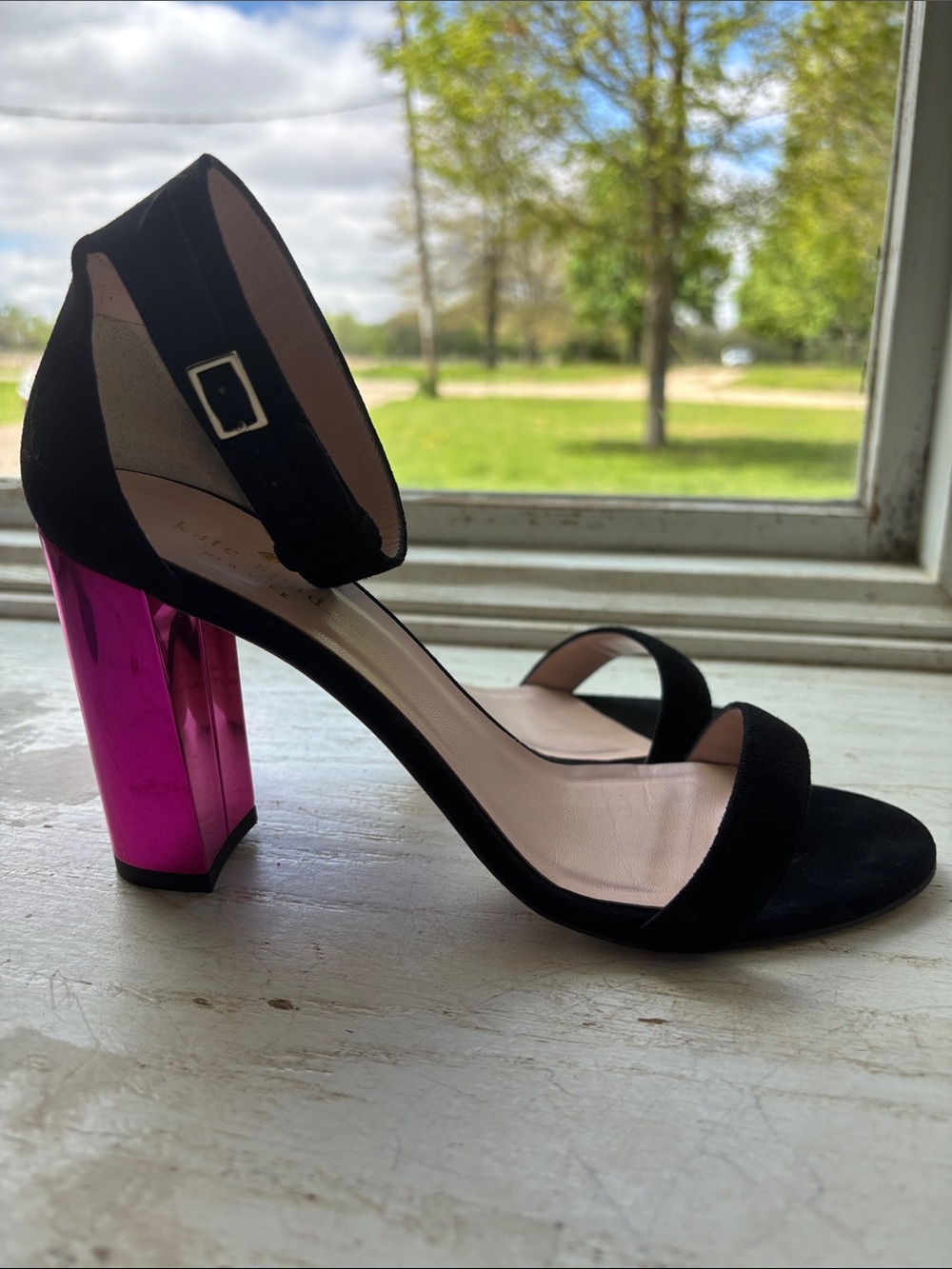 Kate Spade Black Suede Ankle-Strap Sandal with Pink Metallic Block Heel